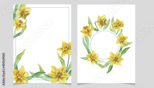 Vector invitation cards with daffodil flowers, wreaths and corner frames. Set of wedding invitation templates with spring flowers. Floral decor vector for save the date, greetings, easter party