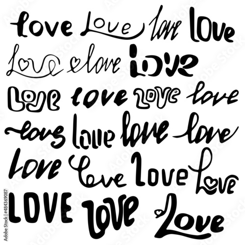 set of black hand written lettering about love to valentines day, greeting card, poster, banner, vector illustration collection