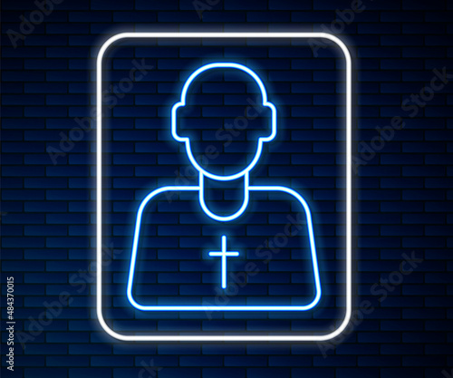 Glowing neon line Priest icon isolated on brick wall background. Vector