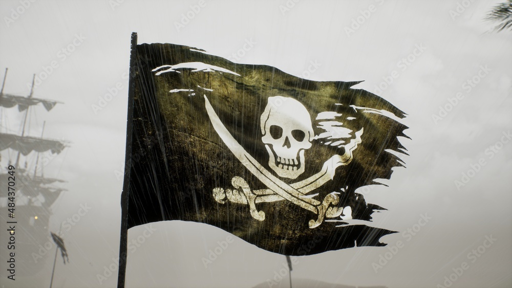 Obraz premium A pirate flag next to a pirate treasure on a tropical island. The concept of maritime adventure in the Middle Ages. 3D Rendering