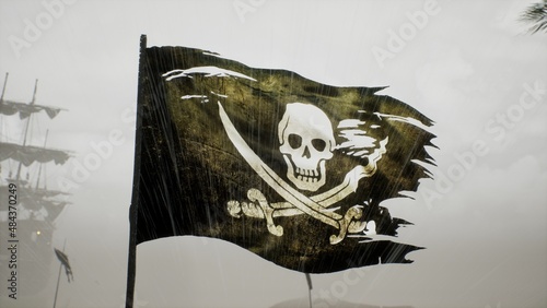 A pirate flag next to a pirate treasure on a tropical island. The concept of maritime adventure in the Middle Ages. 3D Rendering