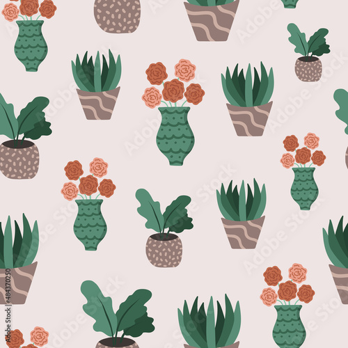 Cozy vector seamless pattern with flowers in vase and home plants in the pot. Can be used for posters, wrapping paper, bedclothes, socks, towels, notebook, packages. Cartoon hand drawn illustration.