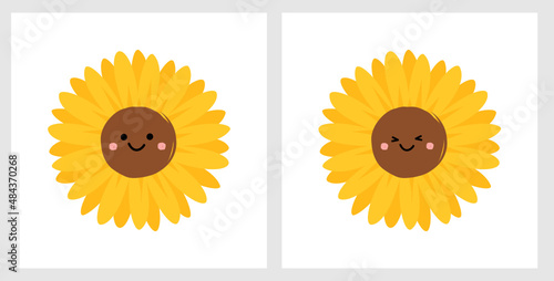 Happy sunflower cartoons on white backgrounds. Cute nursery wall decoration.