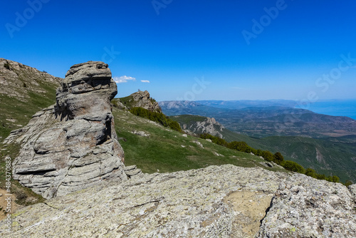 View of the Crimean Mountains plateau and the Black Sea from the top of the Demerdzhi. Russia. © Виктория Балобанова