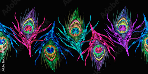 Colorful peacock feathers. Embroidery. Tropical birds art. Horizontal seamless pattern. Fashion template for clothes, textiles, t-shirt design