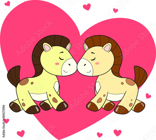 Pony lovers. Cute cartoon horses on the background of hearts. Valentine's day. Valentine card. Nice postcard. A declaration of love.