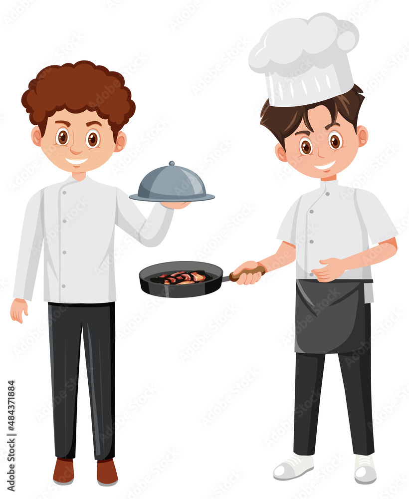 Chef and waiter cartoon character on white background Chef and waiter cartoon character on white background