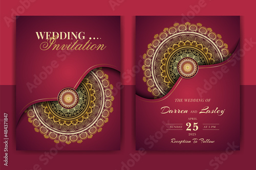 Luxury Mandala Wedding Invitation Card template with golden arabesque pattern Arabic Islamic east background style. Editable vector file. Decorative mandala for print, poster, cover, flyer, banner.
