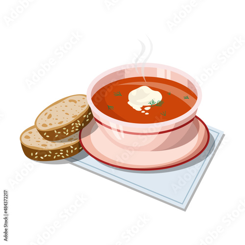 Traditional ukrainian beetroot soup, borsch.National Russian food from beet, red borsch.Vector illustration isolated on white background.Plate of hot soup with sour cream and two slices of fresh bread