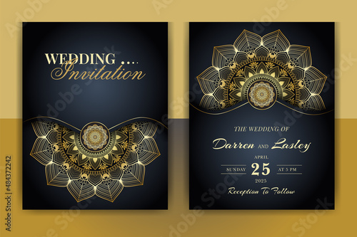 Luxury Mandala Wedding Invitation Card template with golden arabesque pattern Arabic Islamic east background style. Editable vector file. Decorative mandala for print, poster, cover, flyer, banner.