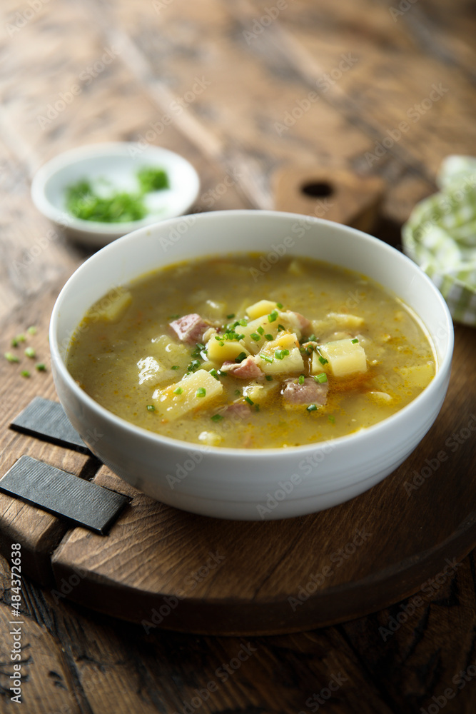 Traditional homemade pea soup with smoked bacon Traditional homemade pea soup with smoked bacon