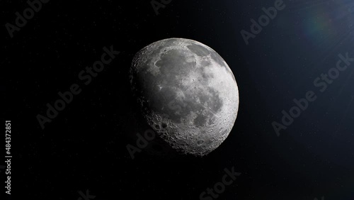 Flying to the Moon Beautiful 3d Animation. Natural Satellite of the Earth Spinning on Stars Background. View of the Moon from Space. Realistic Moon Surface Relief. 4k UHD 3840x2160