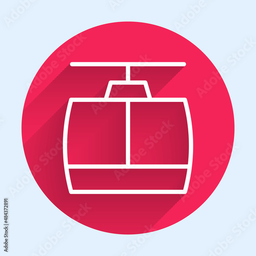 White line Cable car icon isolated with long shadow background. Funicular sign. Red circle button. Vector