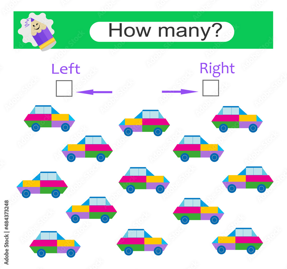 Left or Right. Game for kids. Count how many cars are turned left and how many are turned right Left or Right. Game for kids. Count how many cars are turned left and how many are turned right