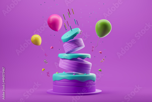 Soaring birthday cake with balloons and candles. Holiday concept. Realistic birthday cake. 3d rendering