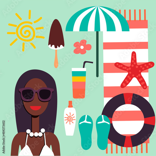 Summer time illustration. Young beautiful woman and different summer items. Cartoon character. Vector.