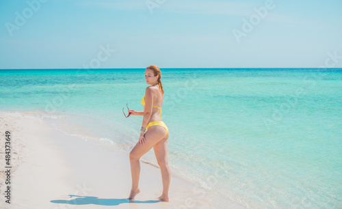 Vacation scene. Panoramic views of blue sea and coastline. Beautiful landscape, aerial view, Egypt. Plus size woman enjoys view of coast of Red Sea. High quality photo © T.Den_Team