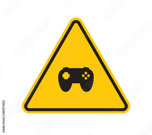 Vector yellow triangle sign - black silhouette game controller, gaming symbol. Isolated on white background.