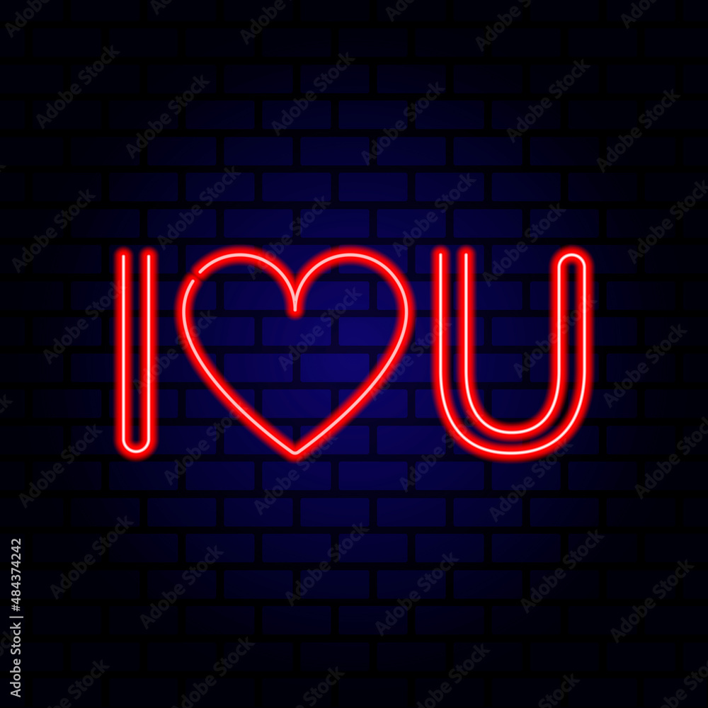 Neon words I Love You on brick wall background.