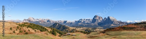 Hyper panorama of Seiser Alm plateau and Langkofel Group mountains during the autumn period