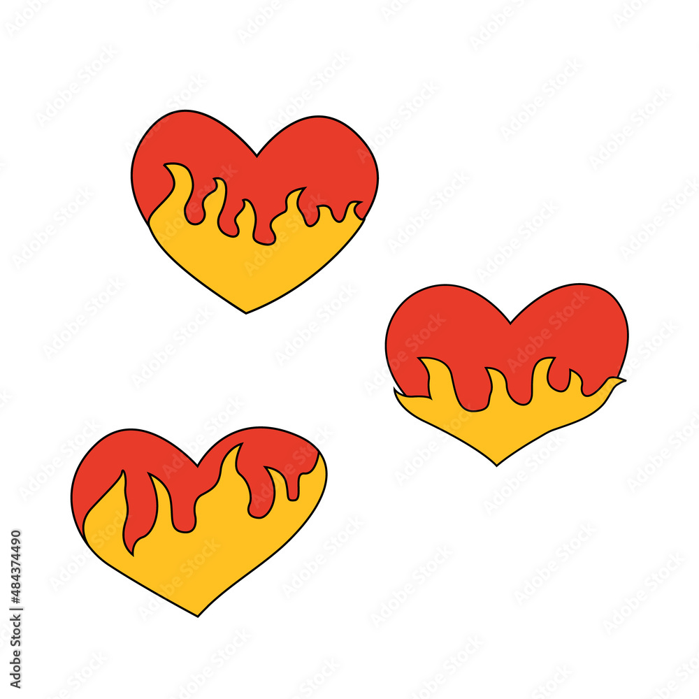 Set of red flaming hearts. Heart is on fire. Vector illustration Set of red flaming hearts. Heart is on fire. Vector illustration