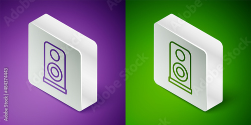 Isometric line Stereo speaker icon isolated on purple and green background. Sound system speakers. Music icon. Musical column speaker bass equipment. Silver square button. Vector