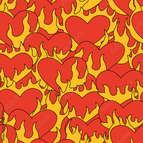 Seamless pattern with flaming hearts. Vector background. Valentine's day. Heart is on fire