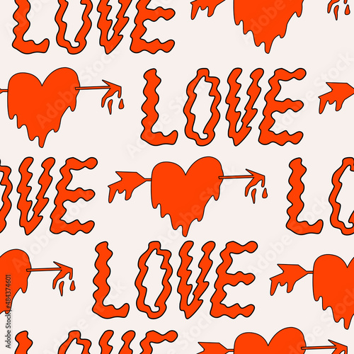 Seamless pattern with lettering love, hearts and arrows. Valentine's day. Groovy vector illustration. Fluid hearts. 