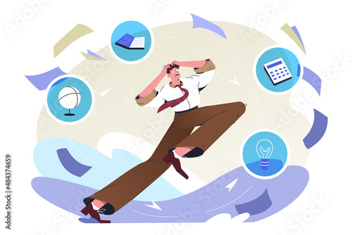 Flat stressed man overloaded by work and a lot of information. Overwhelmed employee person running away from overload. Multitasking and excess of paperwork for exhausted worker in office.