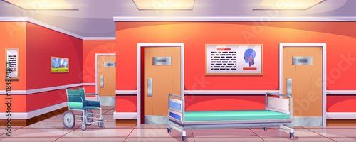 Cartoon hospital hallway with wheelchair and trolley bed. Empty hall interior in medical clinic with ward stretcher, placards on wall and surgery room doors. Waiting corridor or lobby for patients.