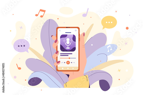 Woman hand holding smartphone with app for listening to music, radio and podcasts. Mobile media application with online study courses. Audio interface on digital device screen flat vector ilustration.