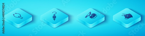 Set Isometric Meat tongs, Grilled shish kebab, Cow head and Steak meat and knife icon. Vector