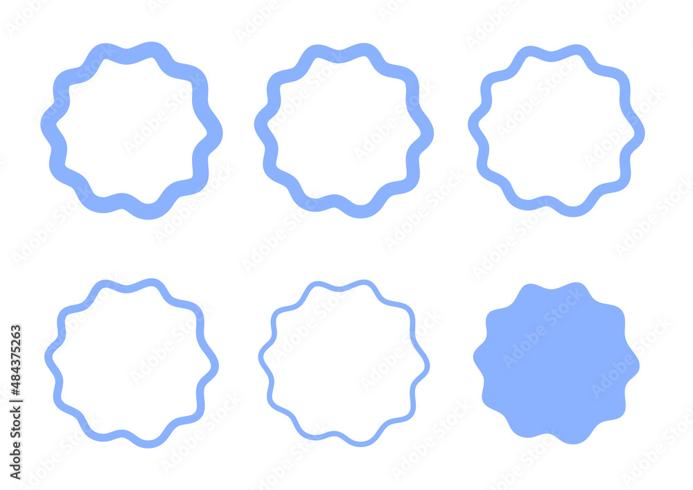 Round blue frames in the form of waves, sea and rings, lines, contour. Design element for summer holidays and vacations. Vector illustration on a white isolated background. Hand drawing.