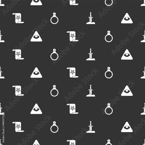 Set Sword in the stone, Masons, Ancient magic book and Magic ring with gem on seamless pattern. Vector