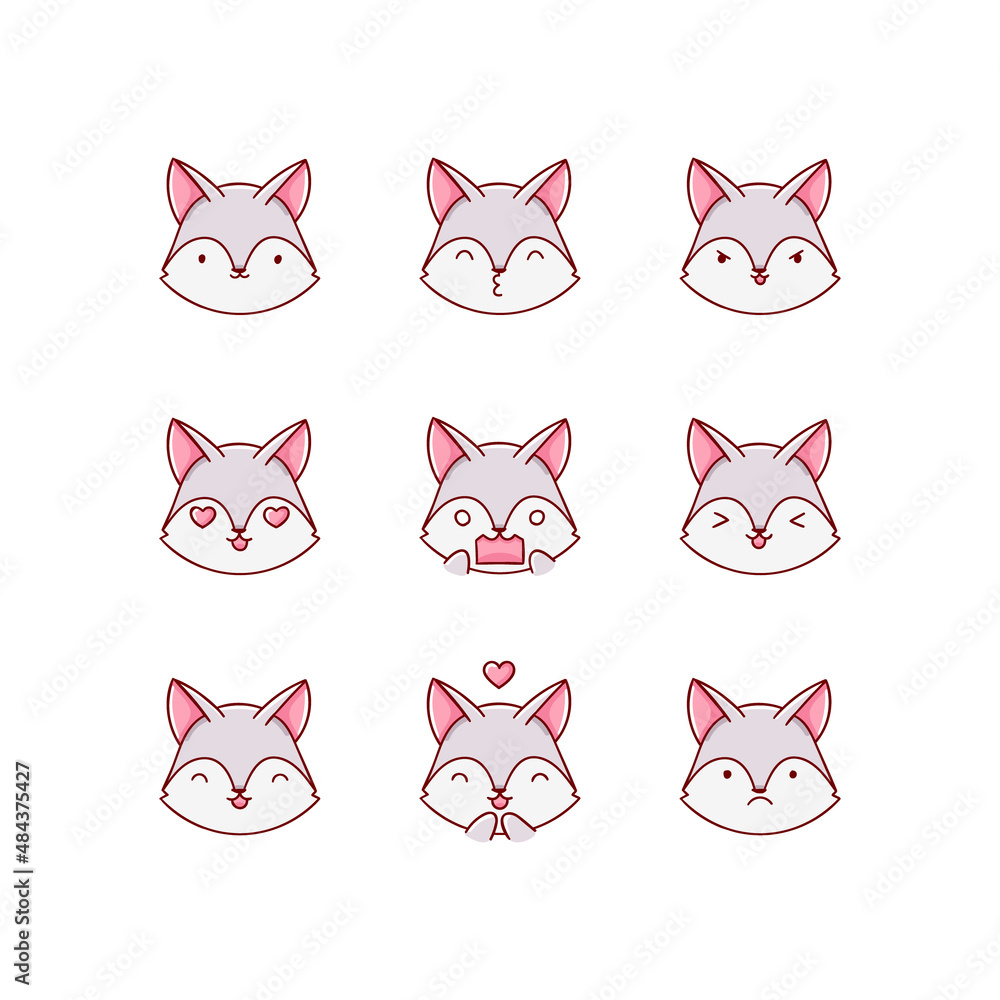 Fototapeta premium Collection of funny cute wolf emoticon characters in different emotions. Illustration