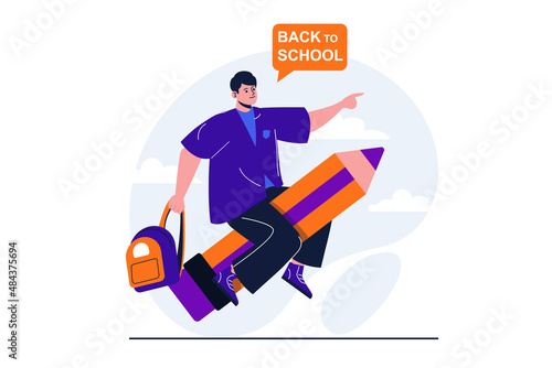 Back to school modern flat concept for web banner design. Happy teenager student with backpack flying on huge pencil and hurries to college for lessons. Vector illustration with isolated people scene