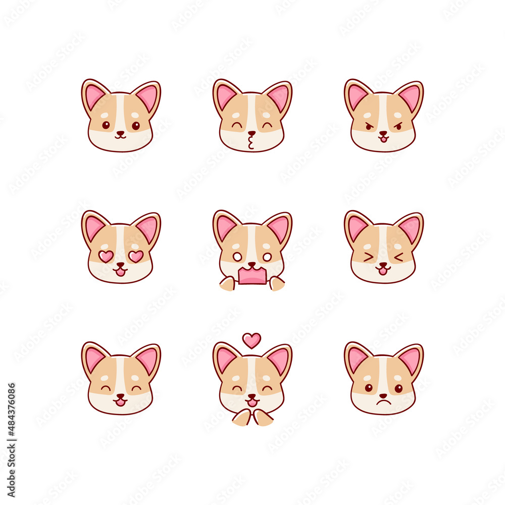Fototapeta premium Collection of funny cute corgi, dog emoticon characters in different emotions. Illustration