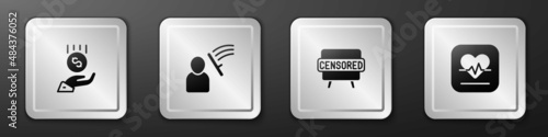 Set Coins on hand - minimal wage, Police beat human, Censored stamp and Heart rate icon. Silver square button. Vector