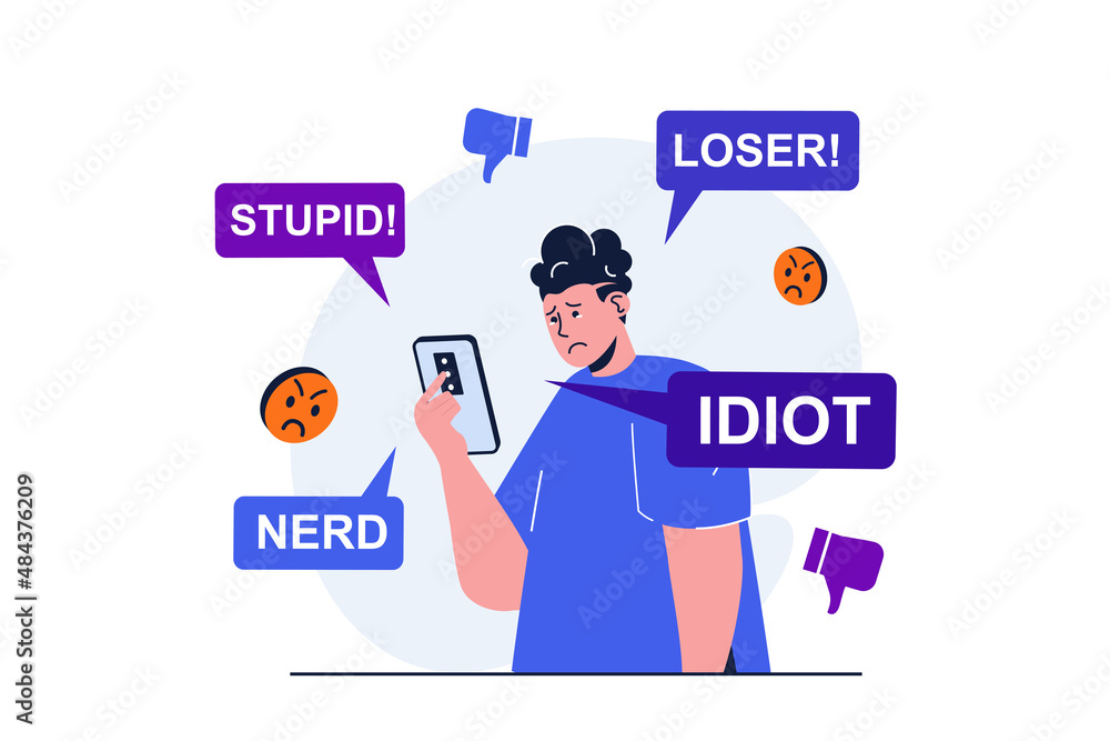 Bullying modern flat concept for web banner design. Sad man reading aggressive messages and comments from haters. Cyberbullying in social networks. Vector illustration with isolated people scene