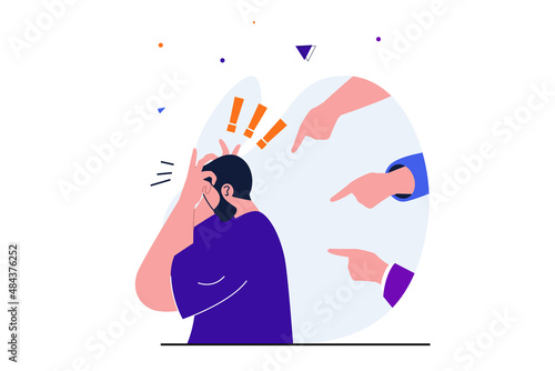 Bullying modern flat concept for web banner design. Upset man suffering from harassment and aggressive attacks, angry hands pointing at him and blame. Vector illustration with isolated people scene