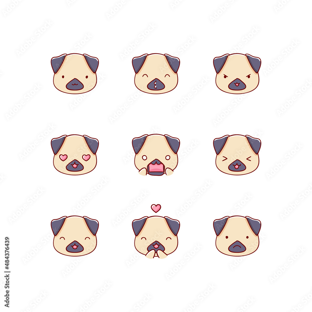 Obraz premium Collection of funny cute pug, dog emoticon characters in different emotions. Illustration