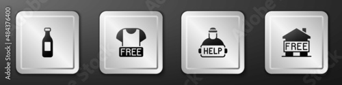 Set Bottle of water, Clothes donation, Help homeless and Shelter for icon. Silver square button. Vector