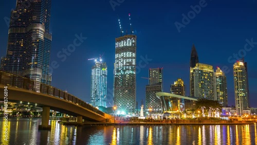 night light dubai mall famous fountain tallest building hotel construction panorama 4k timelapse uae
