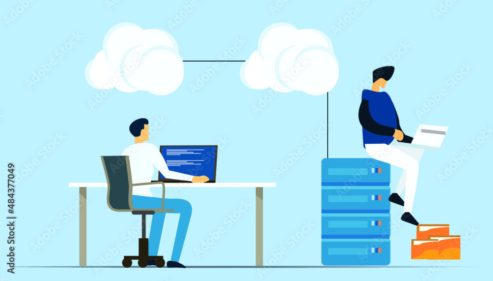 business technology cloud computing service concept and datacenter storage server connect on cloud with administrator and developer team working