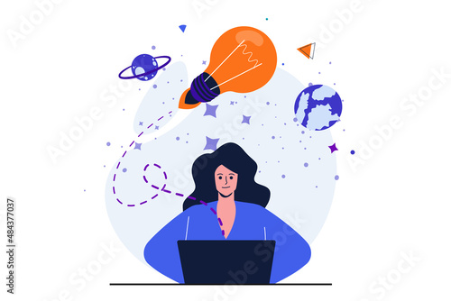 Business startup modern flat concept for web banner design. Woman entrepreneur develops new idea on laptop, analyzes and creates company strategy. Vector illustration with isolated people scene
