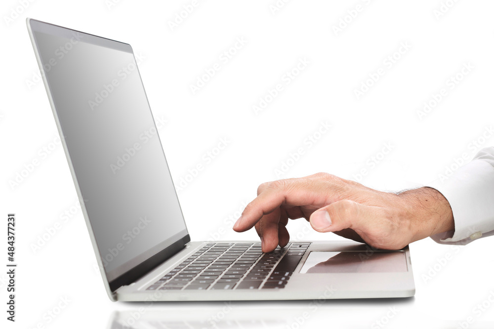Man hands writing on laptop, isolated on white Man hands writing on laptop, isolated on white