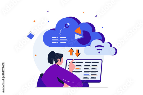 Cloud computing modern flat concept for web banner design. Woman developer working at computer, coding and programming using wireless cloud technology. Vector illustration with isolated people scene