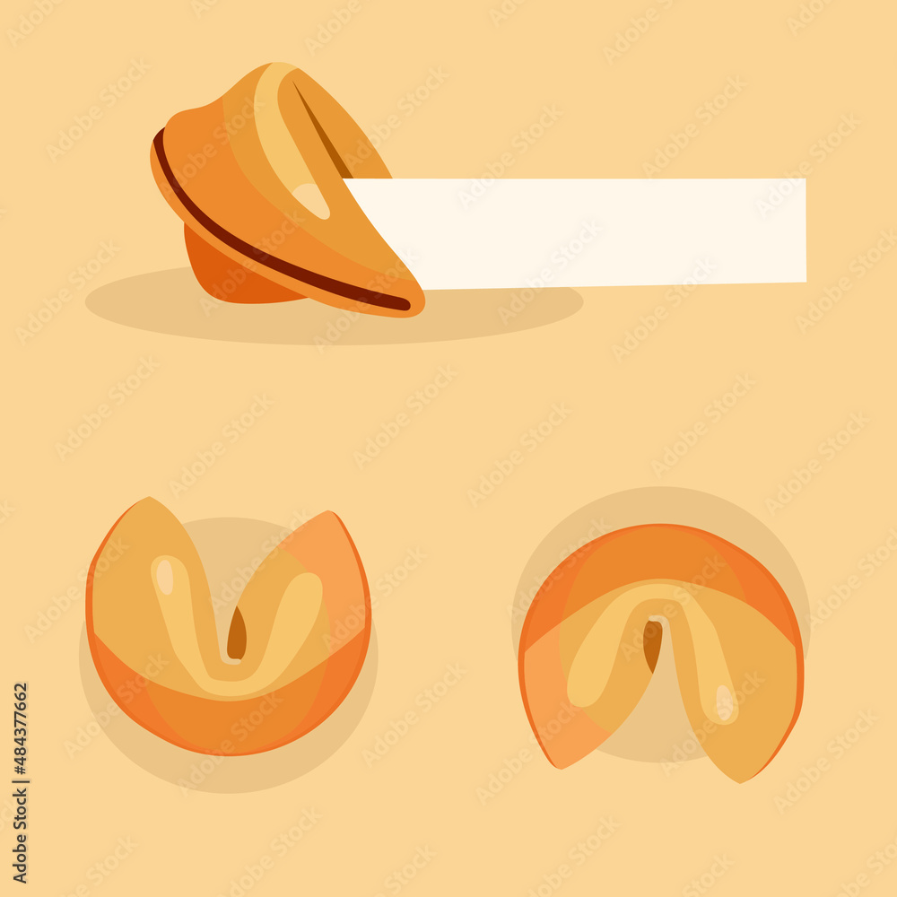 Chinese fortune cookies flat food vector cartoon set on colors background. Fortune cookies with blank paper template. open and closed chinese fortune cookies Vector illustration