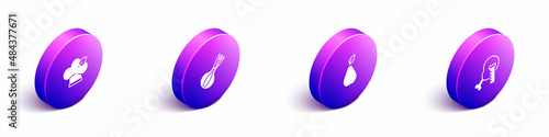 Set Isometric Vegan food diet, Onion, Pear and Genetically modified chicken icon. Vector