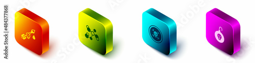Set Isometric Poison on the arrow, Chemical formula, Bones and skull and Nuclear bomb icon. Vector